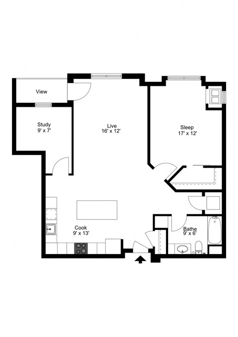 Floor plan for 1 bed, 1 bath, 1061 sqft